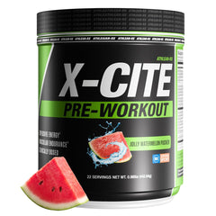 ATHLEAN-RX X-CITE tub with watermelon pour showing energy support for workouts.