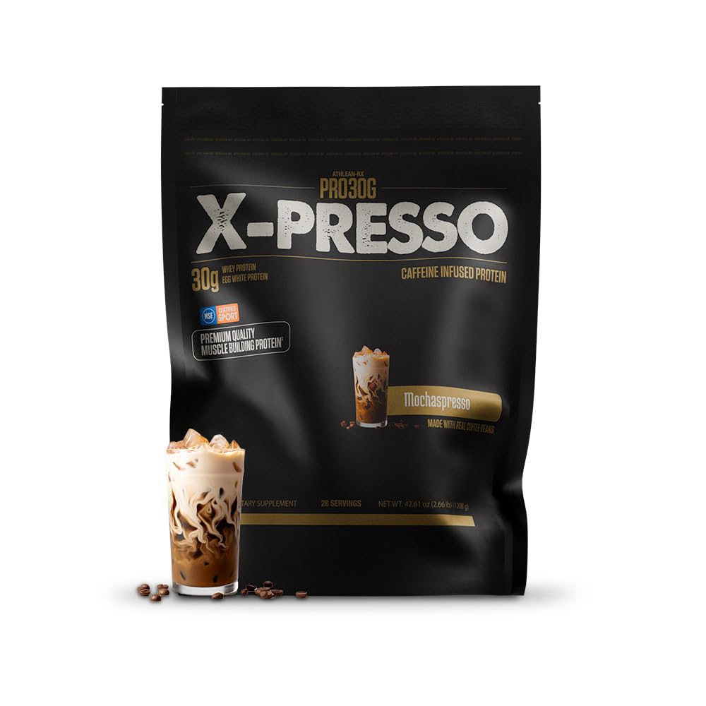 Athlean-RX XPresso coffee-flavored whey powder being poured for an energy-boosting shake.