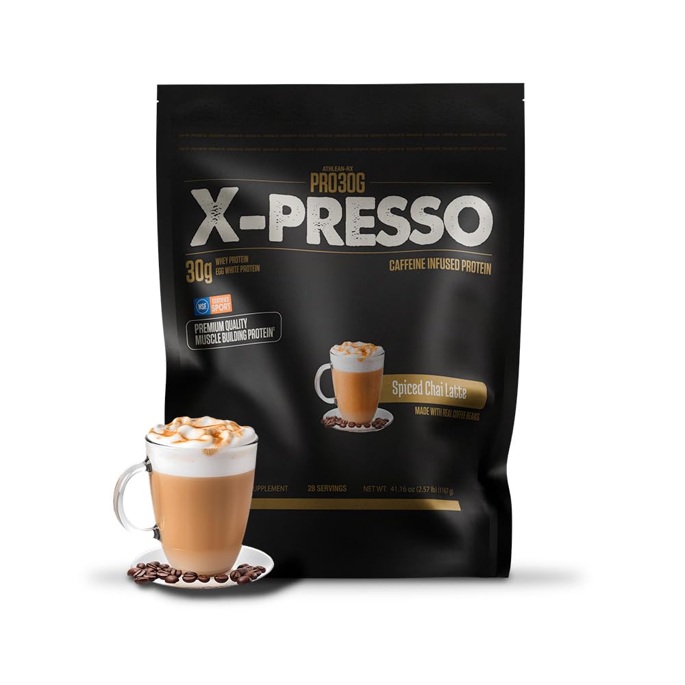ATHLEAN-RX Xpresso Spiced Chai Latte protein powder in shaker for energy boost during workouts.