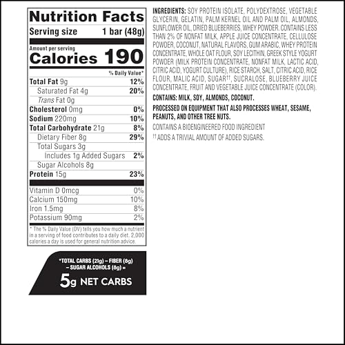 Ingredients spread for Atkins Blueberry Greek Yogurt Bar highlighting protein and fiber