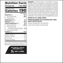 Ingredients spread for Atkins Blueberry Greek Yogurt Bar highlighting protein and fiber