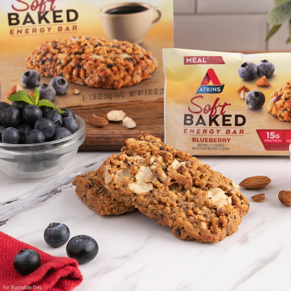 Atkins Blueberry Soft Baked Energy Bars in a desk drawer for an afternoon lift.