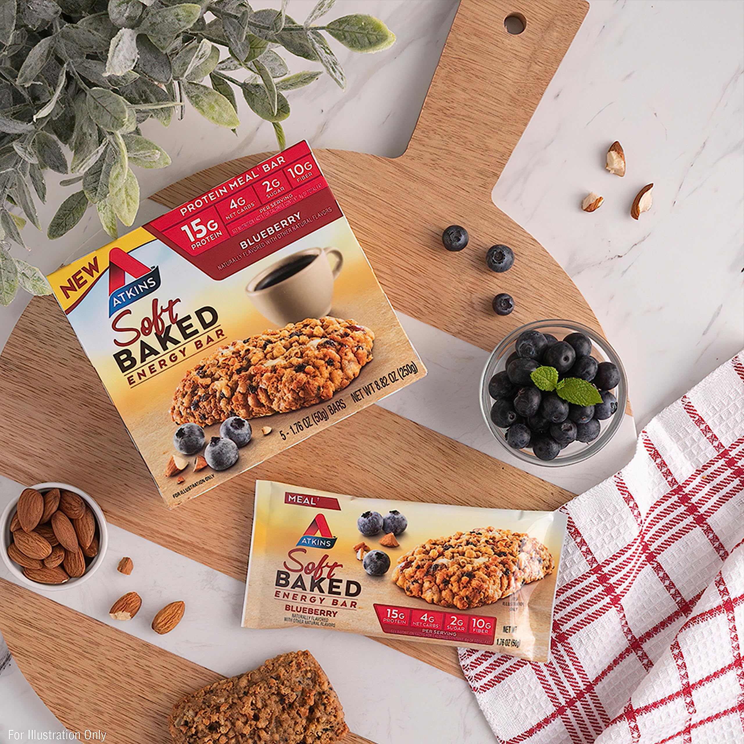 Atkins Blueberry Soft Baked Energy Bars on kitchen counter ready to enjoy.