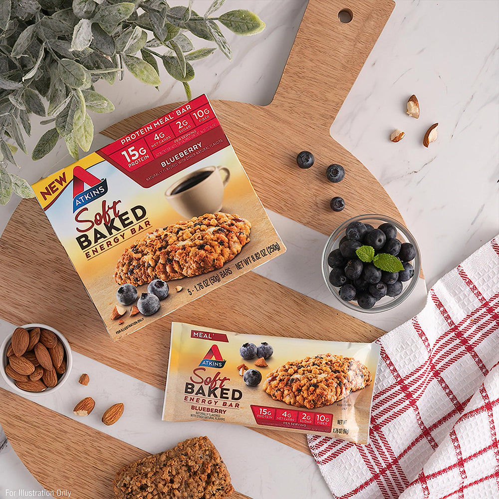 Atkins Blueberry Soft Baked Energy Bars on kitchen counter ready to enjoy.