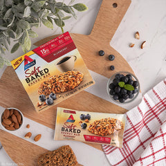 Atkins Blueberry Soft Baked Energy Bars on kitchen counter ready to enjoy.