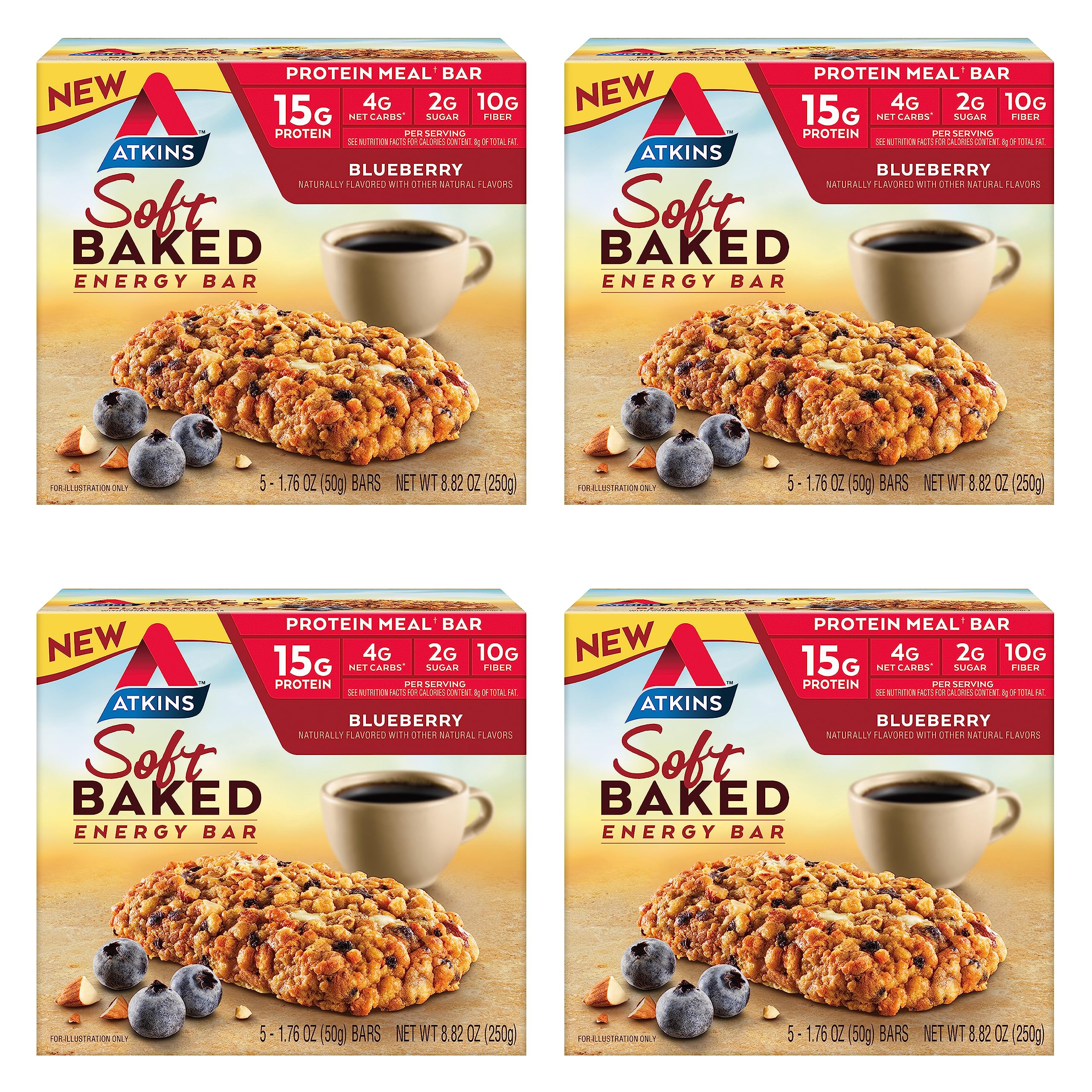 Atkins Blueberry Soft Baked Energy Bars packaging close-up for grab-and-go protein.