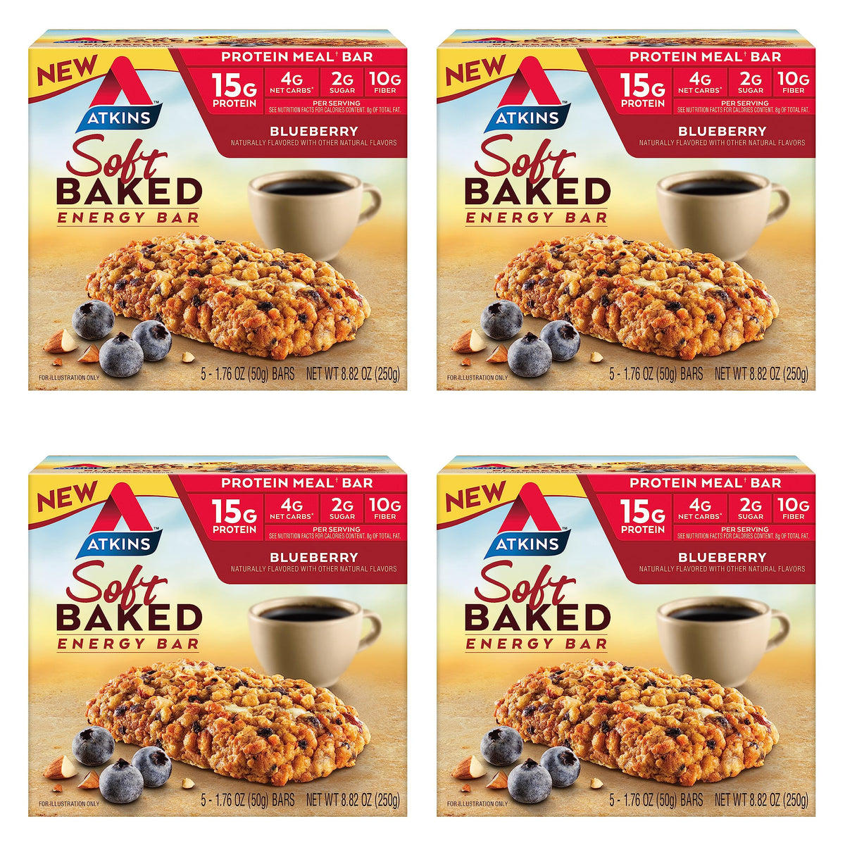 Atkins Blueberry Soft Baked Energy Bars packaging close-up for grab-and-go protein.