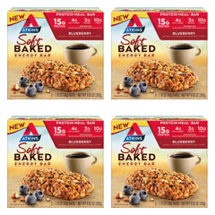 Atkins Blueberry Soft Baked Energy Bars packaging close-up for grab-and-go protein.