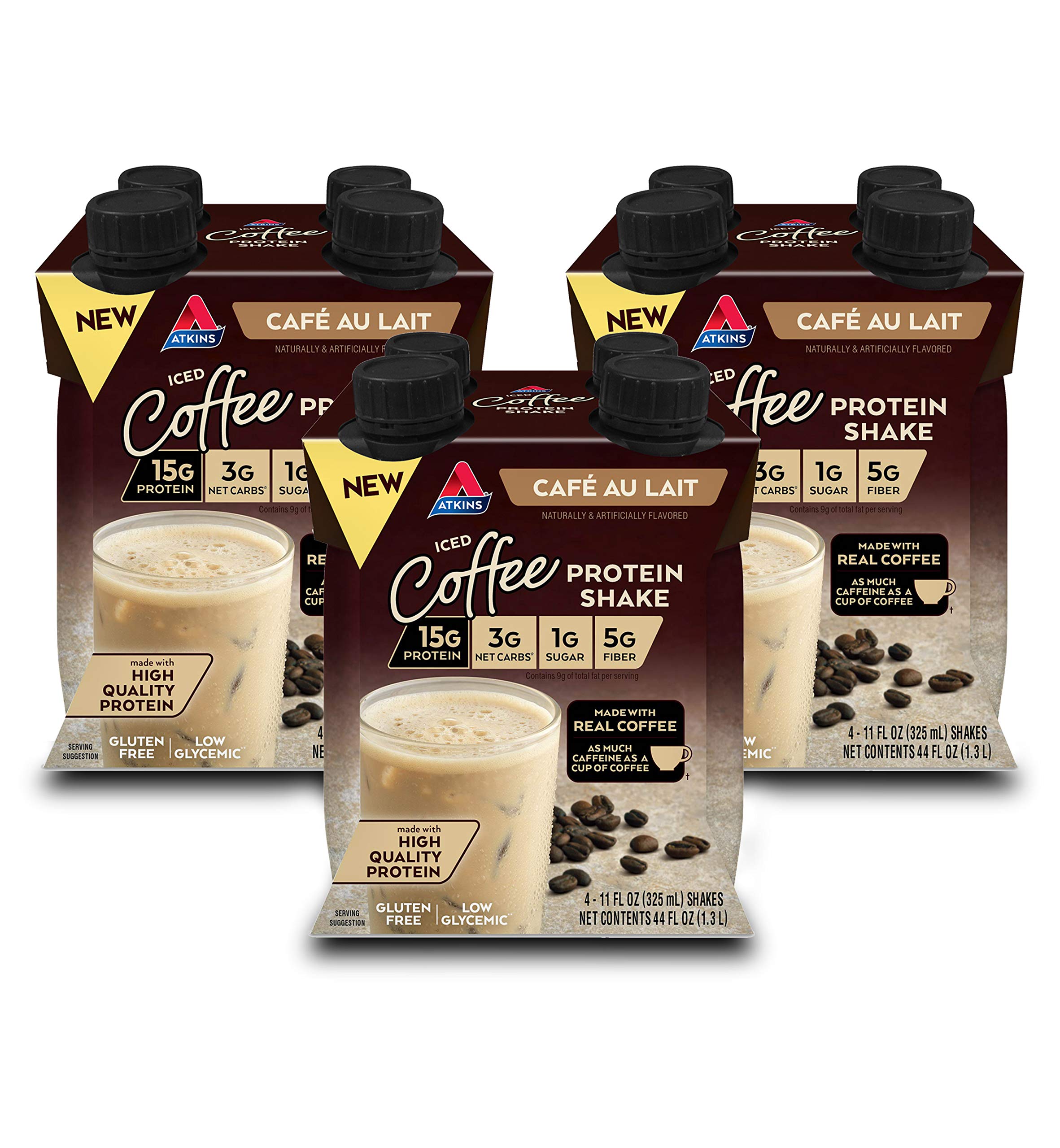Atkins Café au Lait Iced Coffee Shake bottle shows protein-rich, convenient breakfast option
