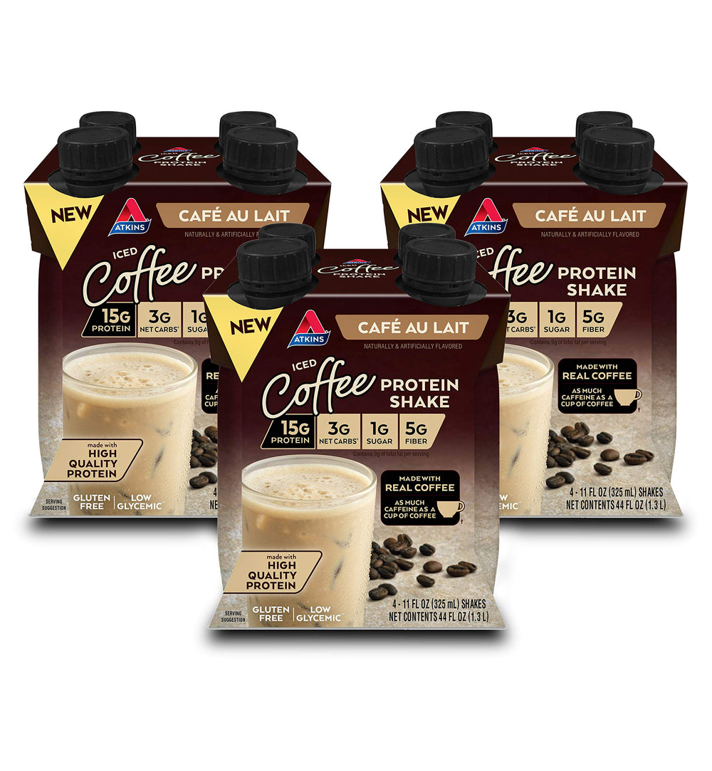 Atkins Café au Lait Iced Coffee Shake bottle shows protein-rich, convenient breakfast option