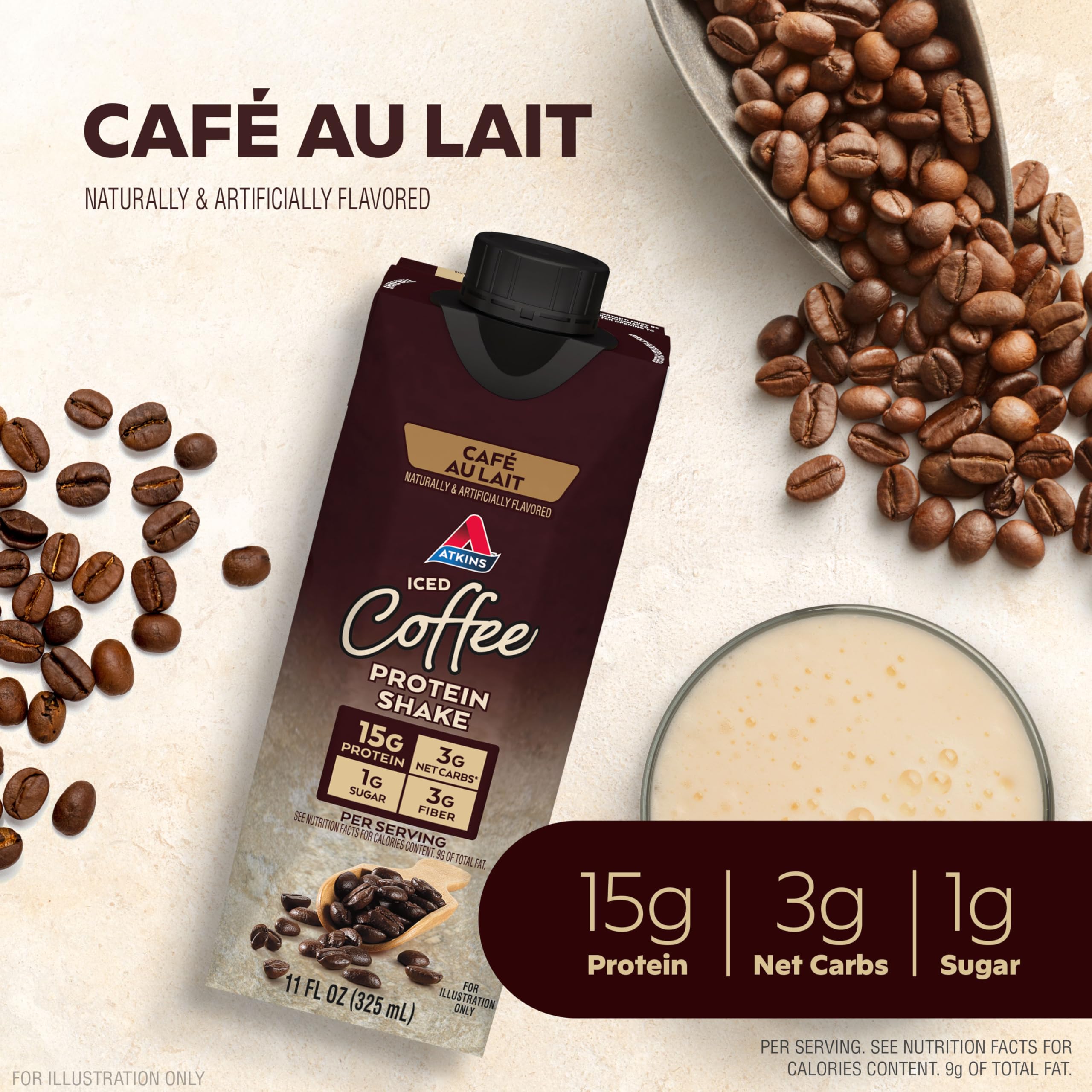 Pouring Atkins Café au Lait Iced Coffee Shake reveals a creamy, caffeinated drink