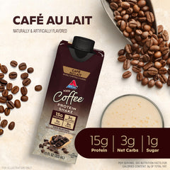 Pouring Atkins Café au Lait Iced Coffee Shake reveals a creamy, caffeinated drink
