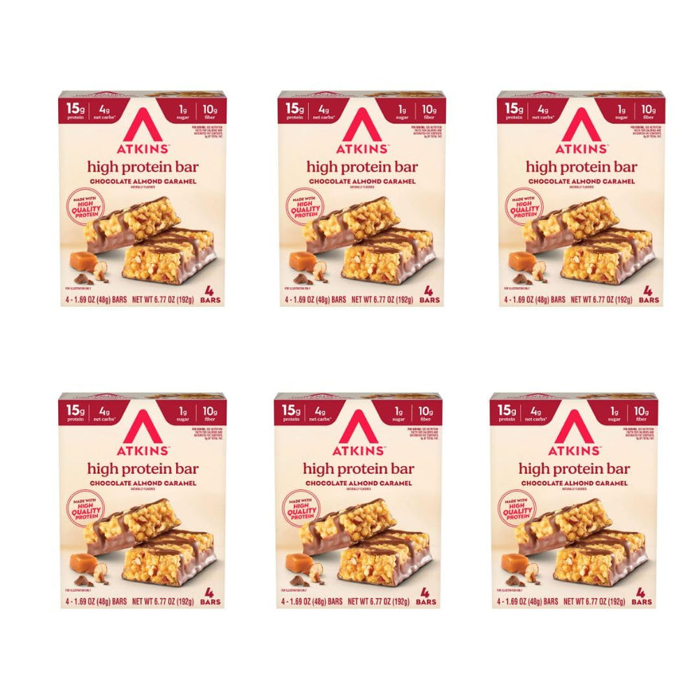 Atkins Chocolate Almond Caramel Bar closeup showcases real almond butter for on-the-go protein