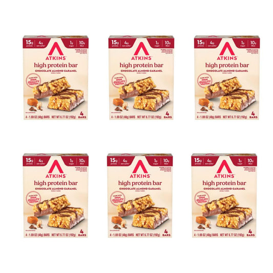 Atkins Chocolate Almond Caramel Bar closeup showcases real almond butter for on-the-go protein