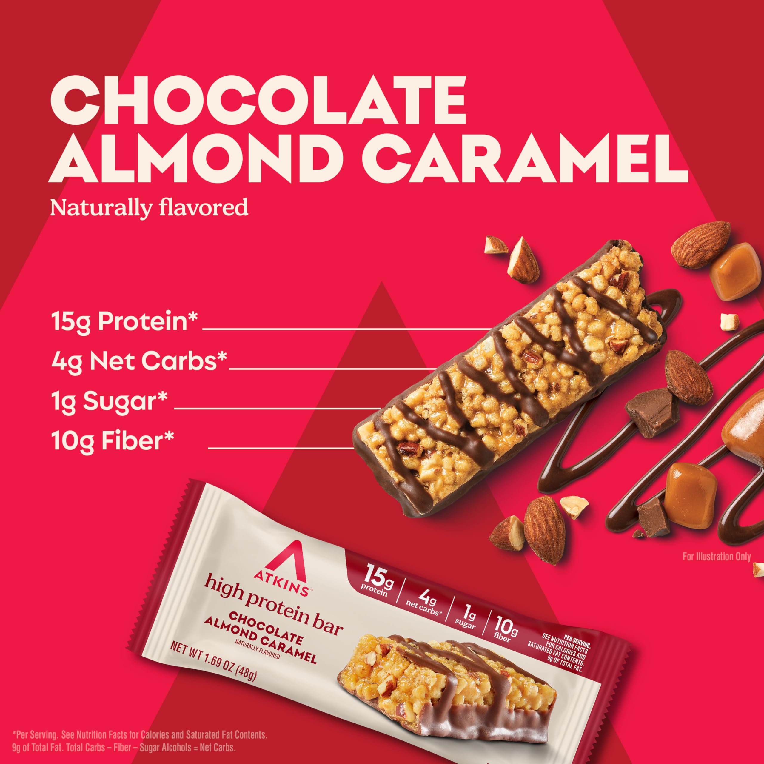 Atkins Chocolate Almond Caramel Bar packaging highlights convenient 6-pack for busy days