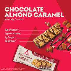 Atkins Chocolate Almond Caramel Bar packaging highlights convenient 6-pack for busy days