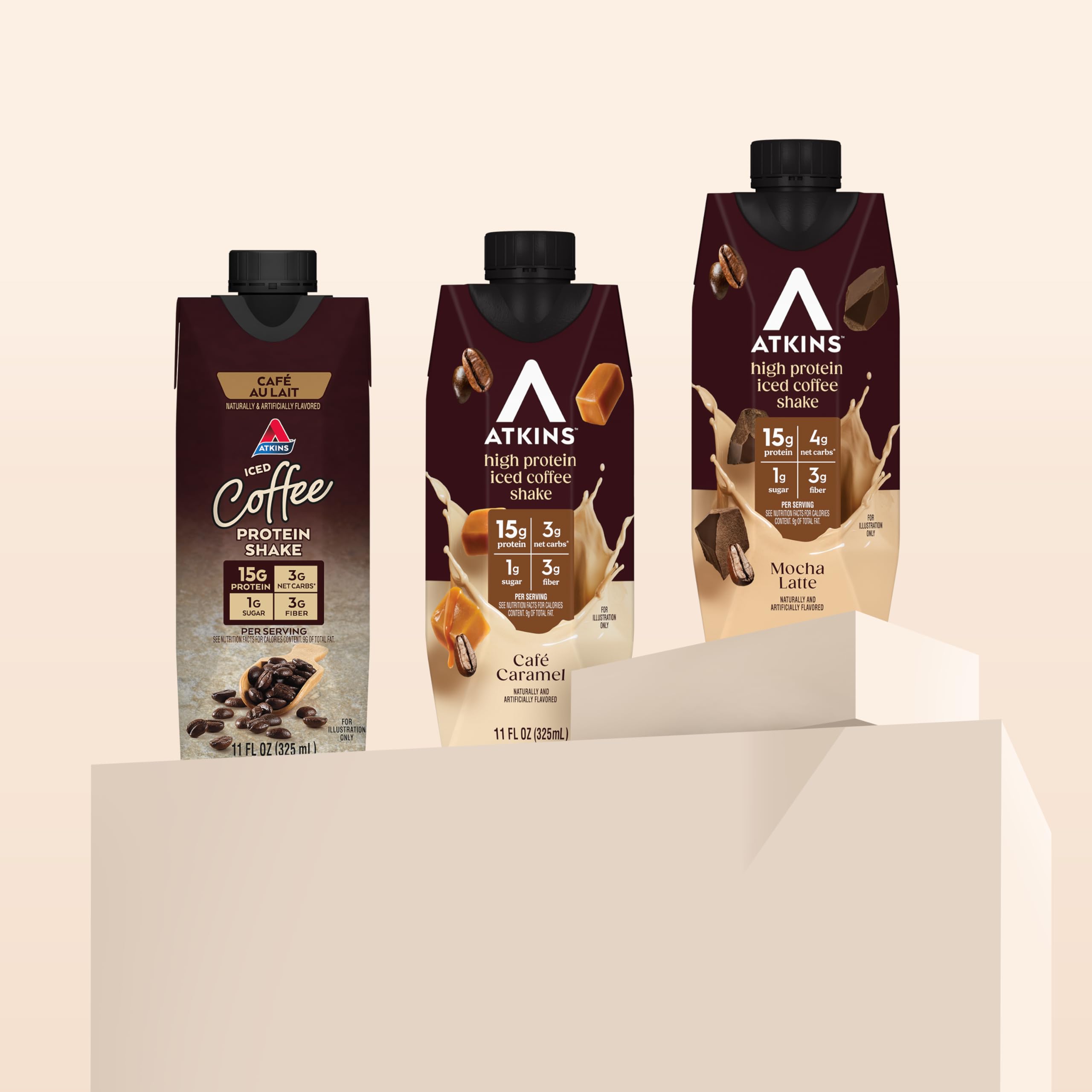 Atkins Coffee Lovers serving glass with steam suggests on-the-go protein power.