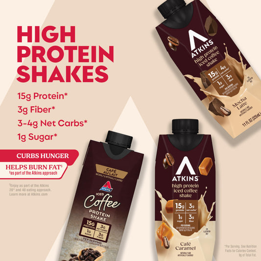 Atkins Coffee Lovers Variety Pack Cafe Caramel front view emphasizes quick grab-and-go protein.
