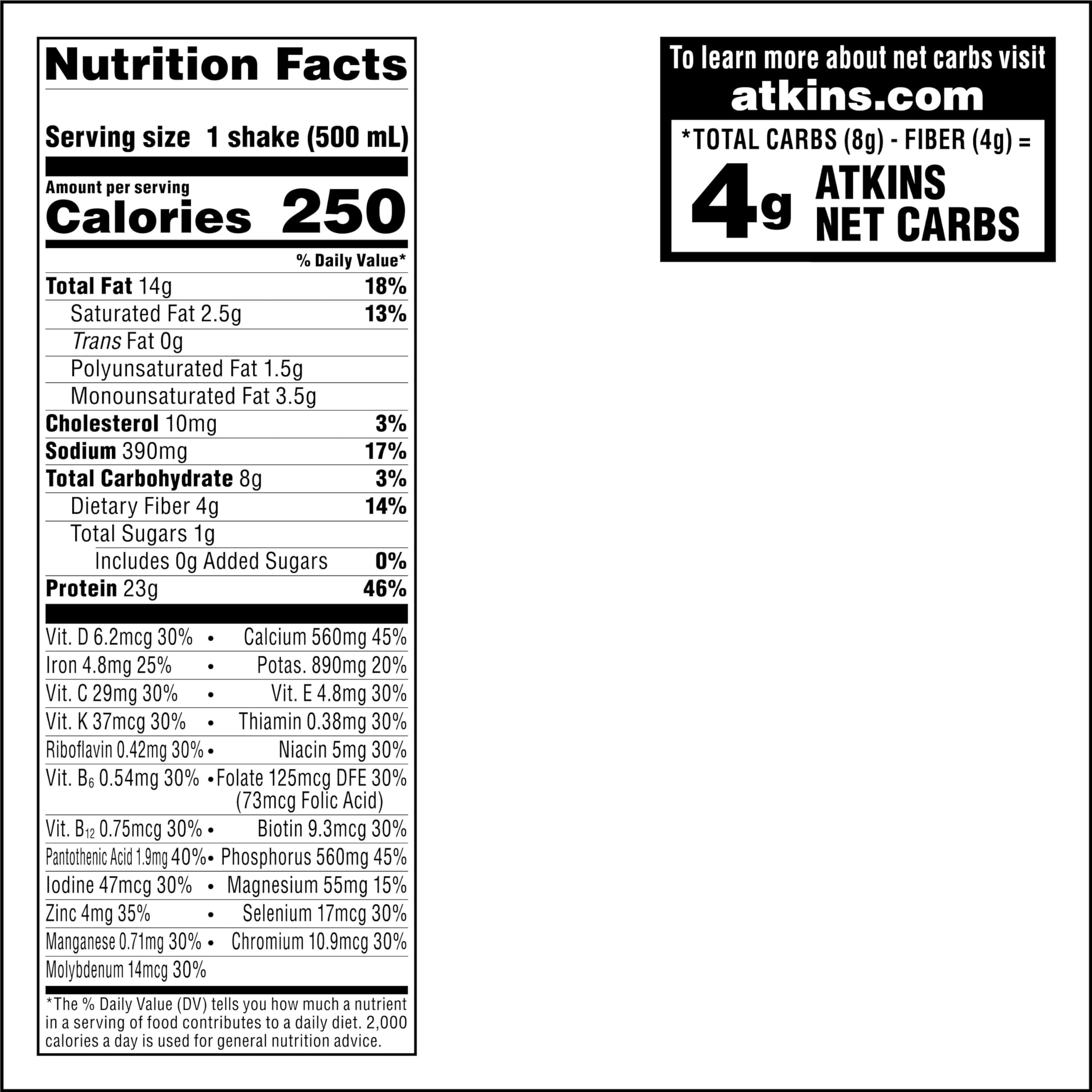 Atkins shake ingredient view highlighting 14g fiber per serving.