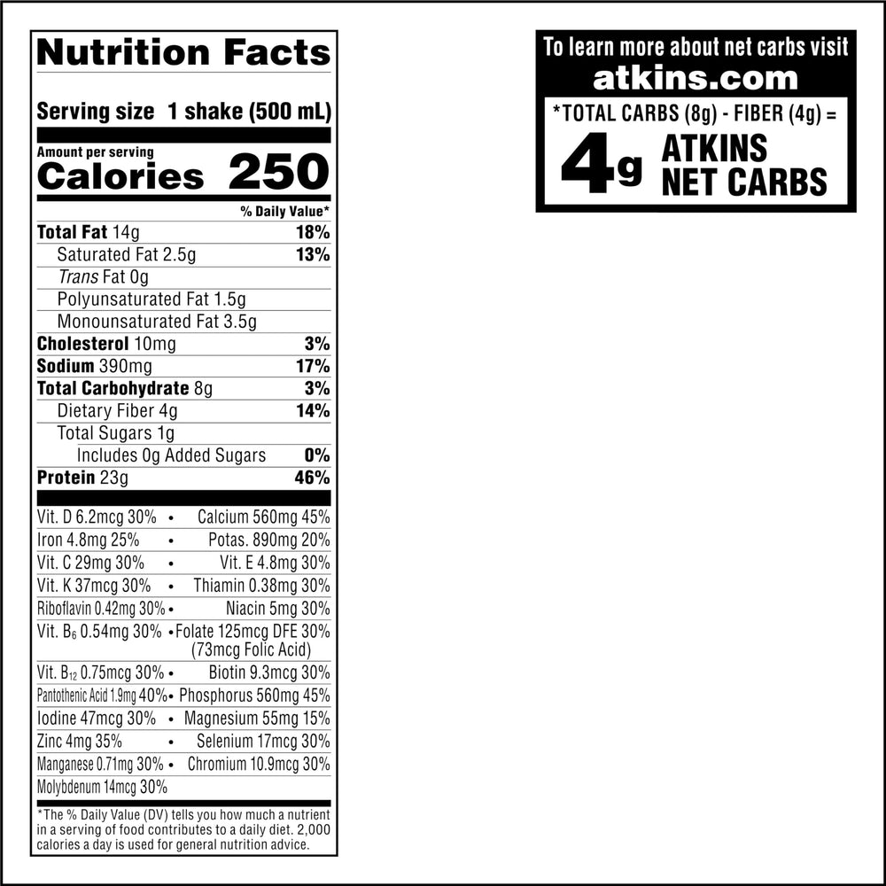 Atkins shake ingredient view highlighting 14g fiber per serving.