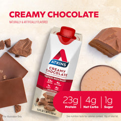 Atkins Creamy Chocolate Shake being poured into a glass for on-the-go use.