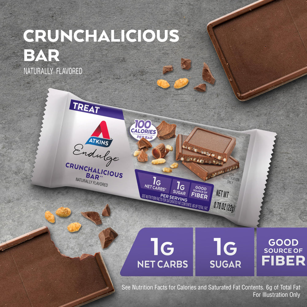Atkins Endulge Crunchalicious bar, closeup chocolate coverage, rich flavor with low net carbs.