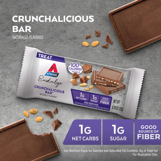 Atkins Endulge Crunchalicious bar, closeup chocolate coverage, rich flavor with low net carbs.