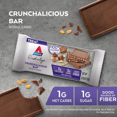 Atkins Endulge Crunchalicious bar, closeup chocolate coverage, rich flavor with low net carbs.