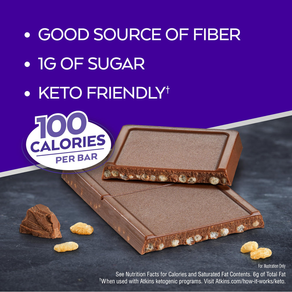 Atkins Endulge Crunchalicious bar, crisp texture, satisfying bite with 1g sugar.