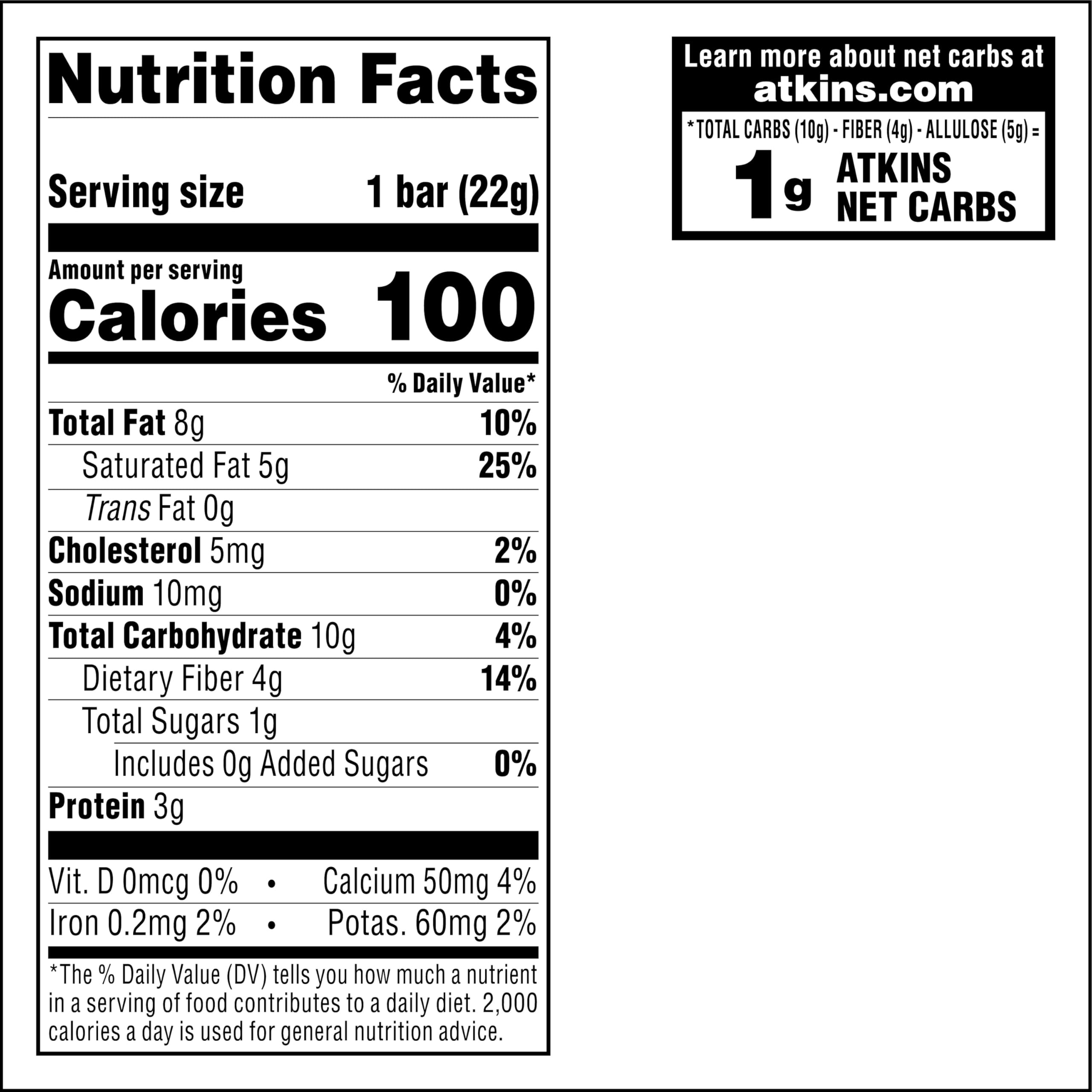 Atkins Endulge Crunchalicious bar, net carb 1g, fit for keto meals.