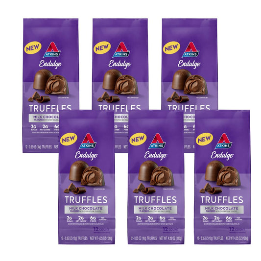 Atkins Endulge milk chocolate truffles box front, keto friendly indulgence with low sugar.