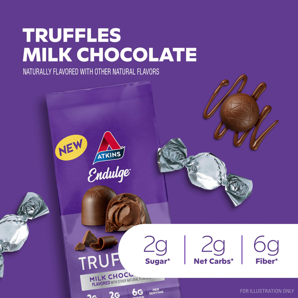 Atkins Endulge milk chocolate truffles box side view showcasing packaging.