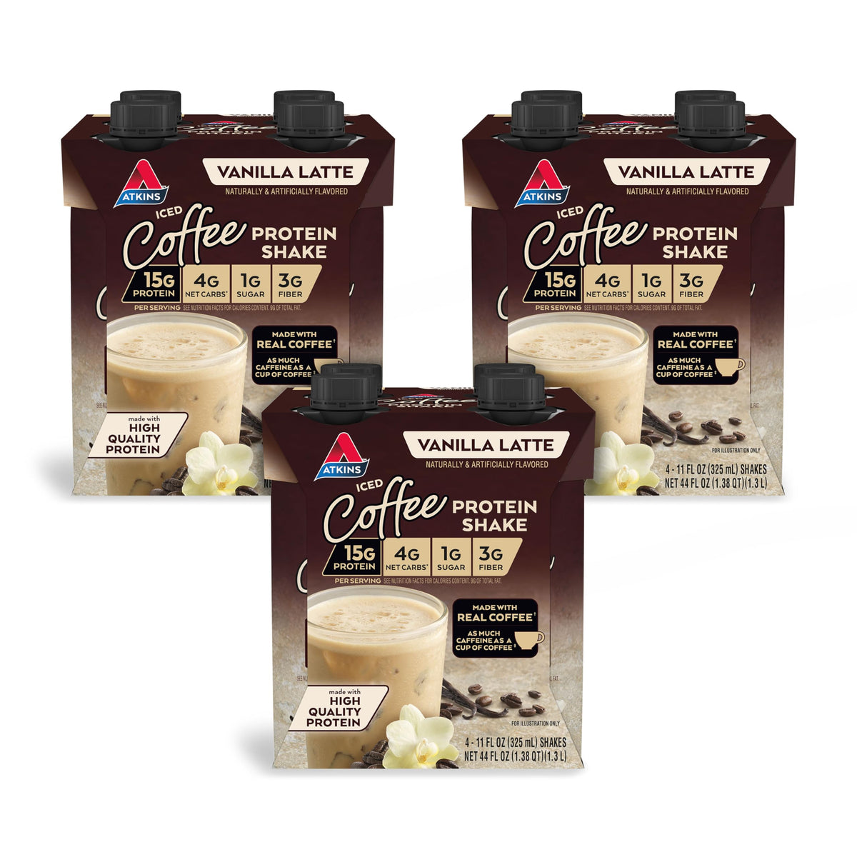 Atkins Iced Coffee Vanilla Latte bottle front shows protein-packed shake