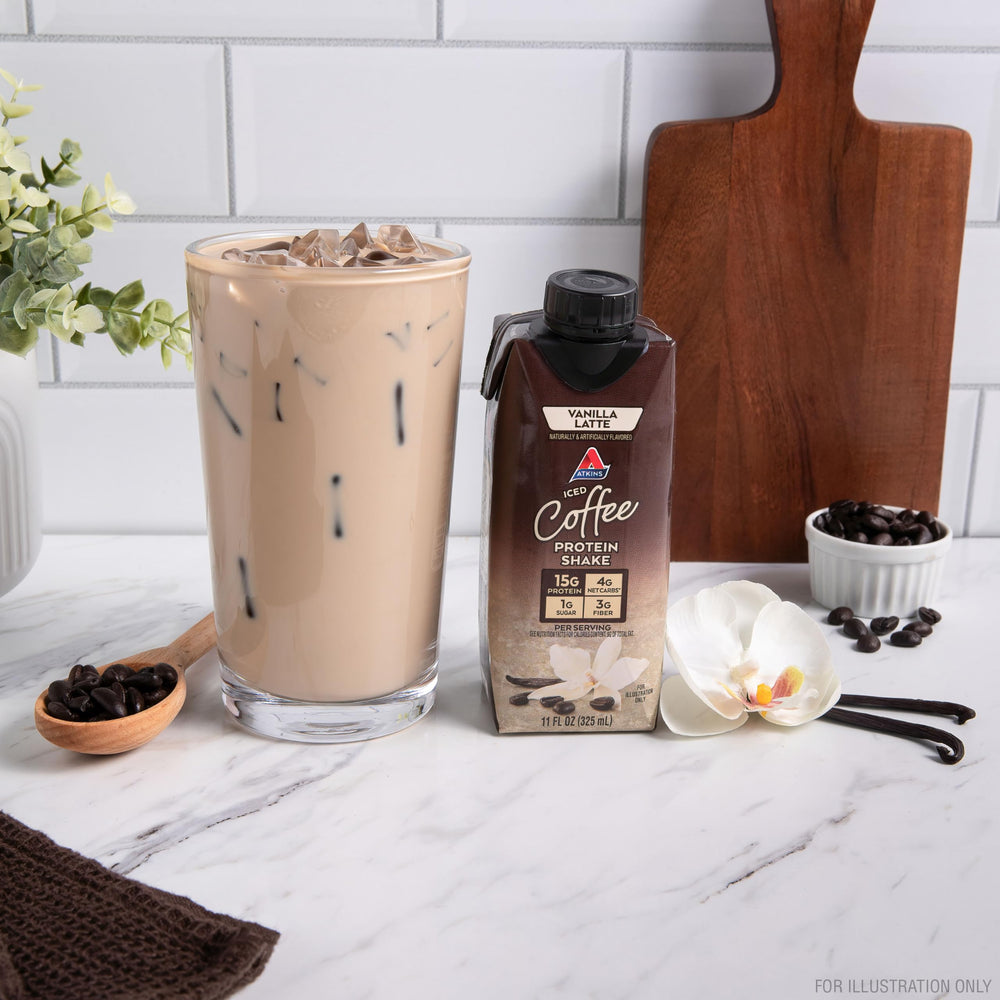Close-up of Atkins shake ingredients showing real coffee aroma