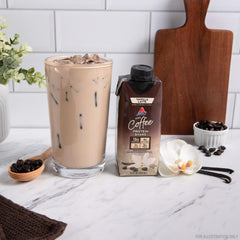 Close-up of Atkins shake ingredients showing real coffee aroma