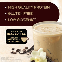 Pouring Atkins Iced Coffee Vanilla Latte into glass reveals creamy vanilla coffee