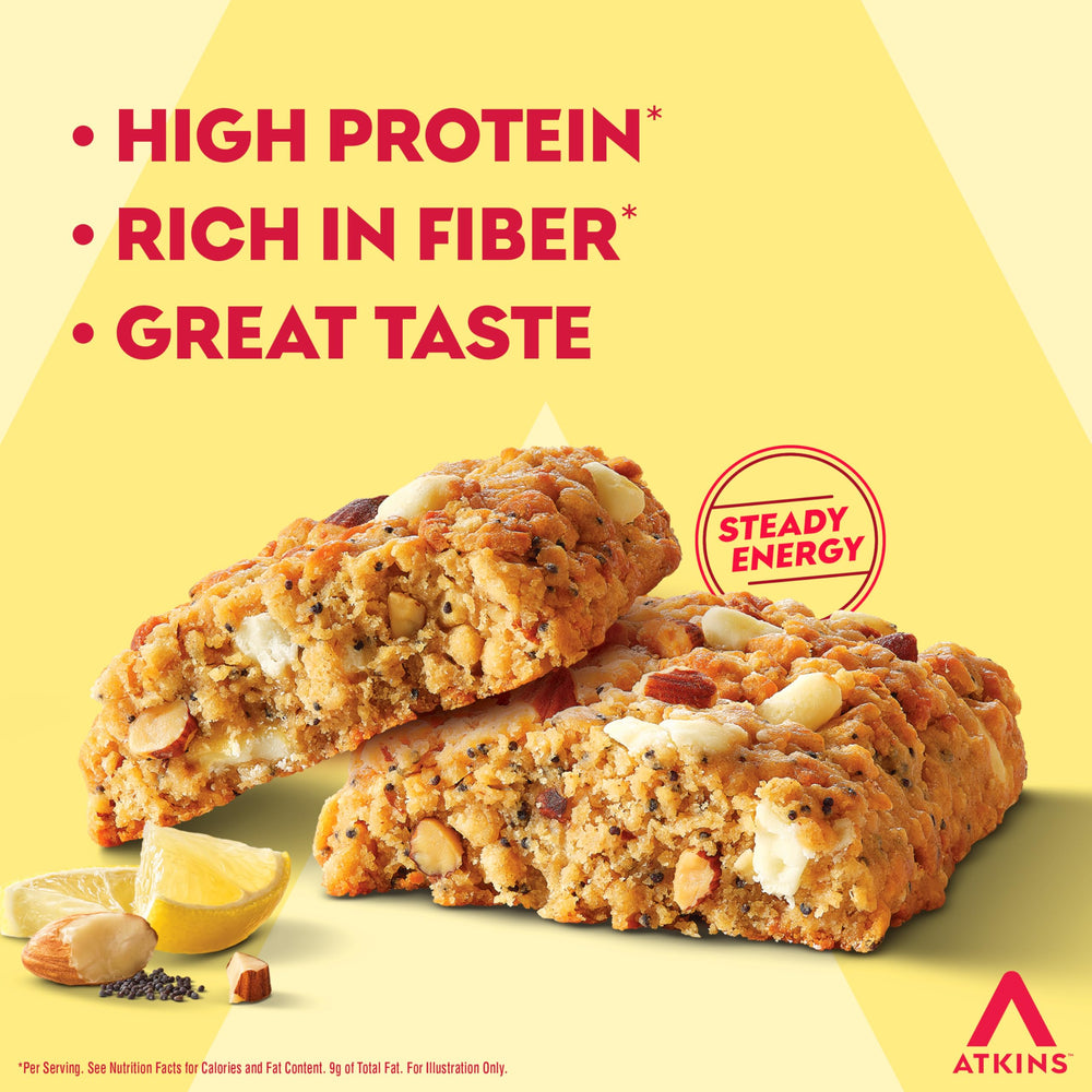 Atkins lemon poppyseed bar shown with ingredients glance for a protein option