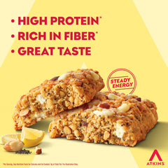 Atkins lemon poppyseed bar shown with ingredients glance for a protein option