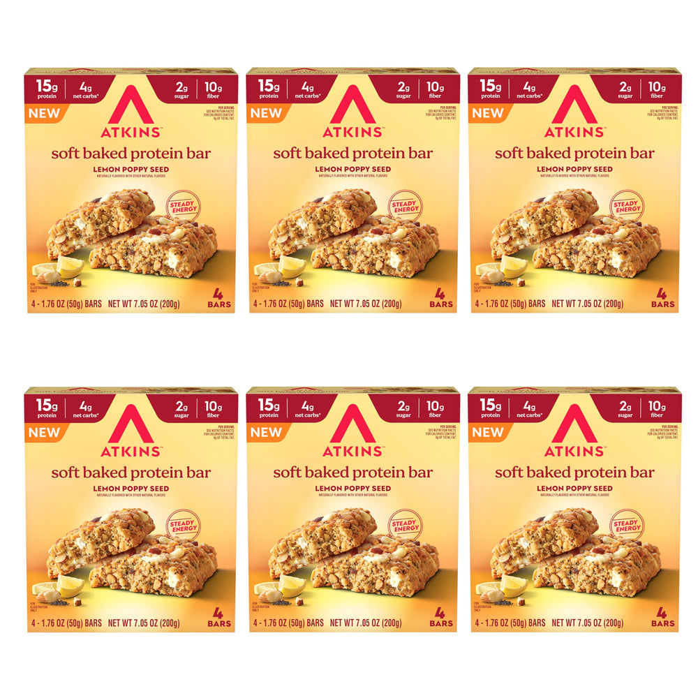 Atkins Lemon Poppyseed Soft Baked Bar unwrapped for on-the-go snacking