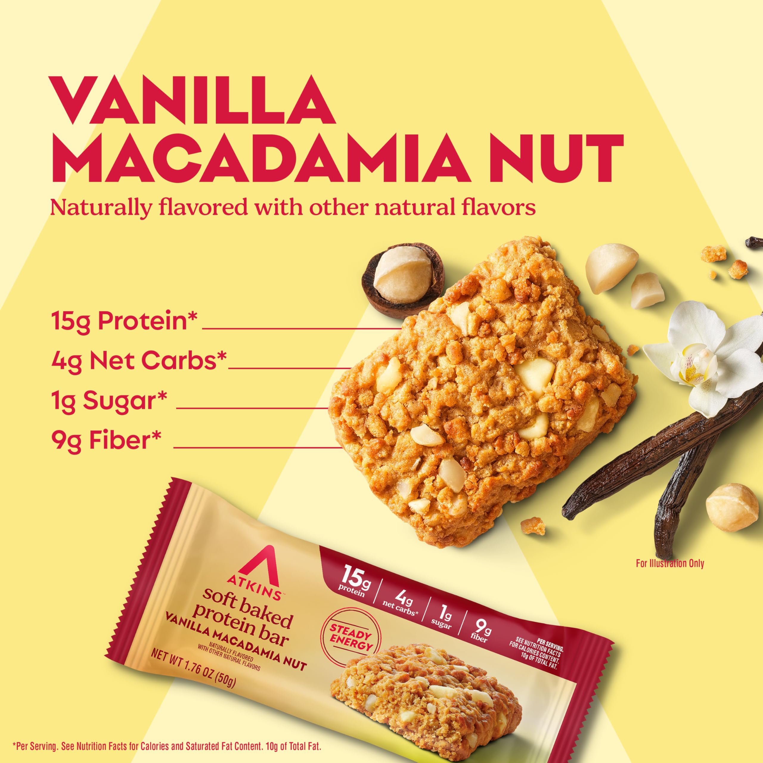Close up of Atkins Vanilla Macadamia Bar texture and nut bits