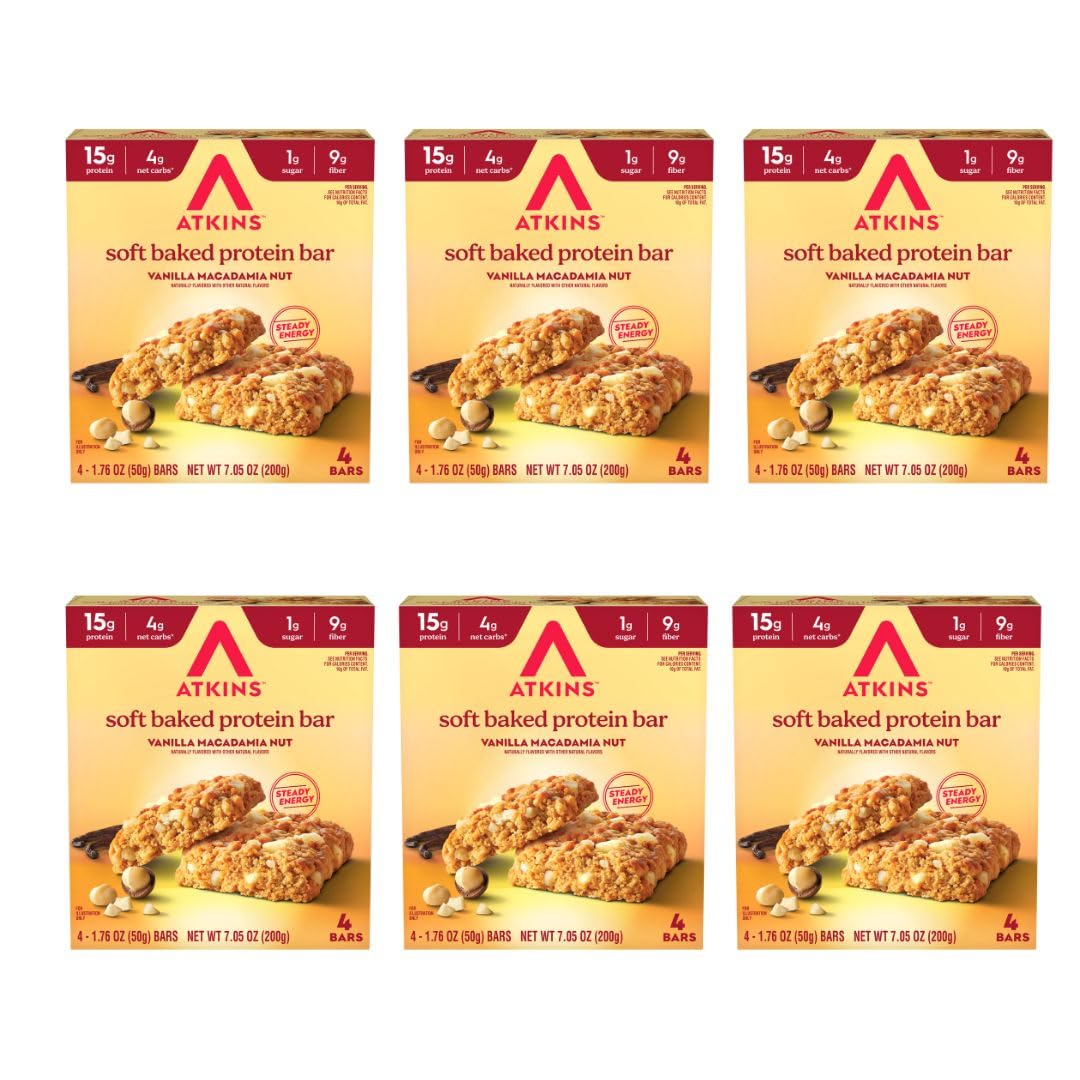 Atkins Soft Baked Vanilla Macadamia Bar pack shown for on the go protein fueling