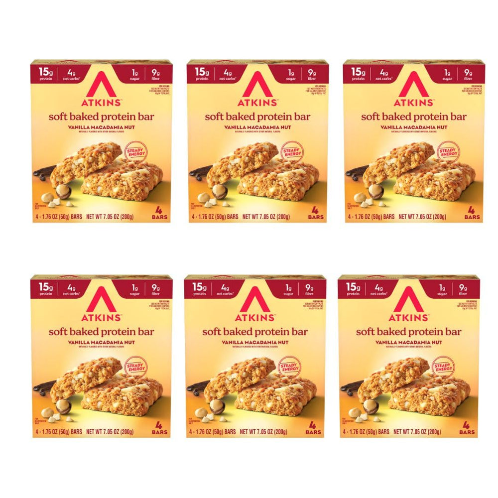Atkins Soft Baked Vanilla Macadamia Bar pack shown for on the go protein fueling