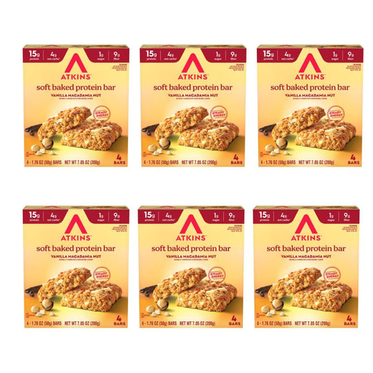 Atkins Soft Baked Vanilla Macadamia Bar pack shown for on the go protein fueling