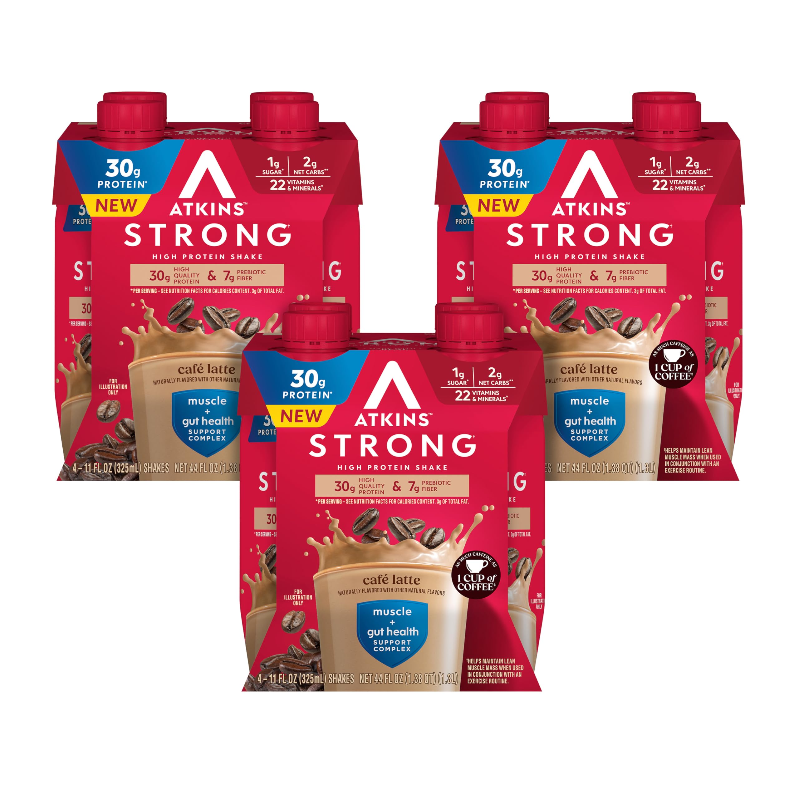 Atkins Strong Café Latte bottle for on-the-go high-protein nutrition.