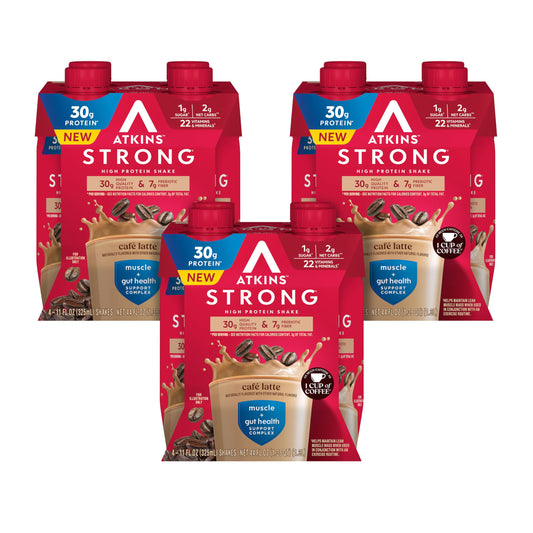 Atkins Strong Café Latte bottle for on-the-go high-protein nutrition.