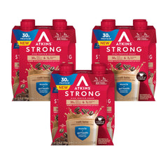 Atkins Strong Café Latte bottle for on-the-go high-protein nutrition.