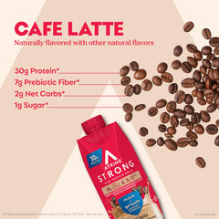 Glass close-up shows Atkins Strong Café Latte texture and creamy aroma.