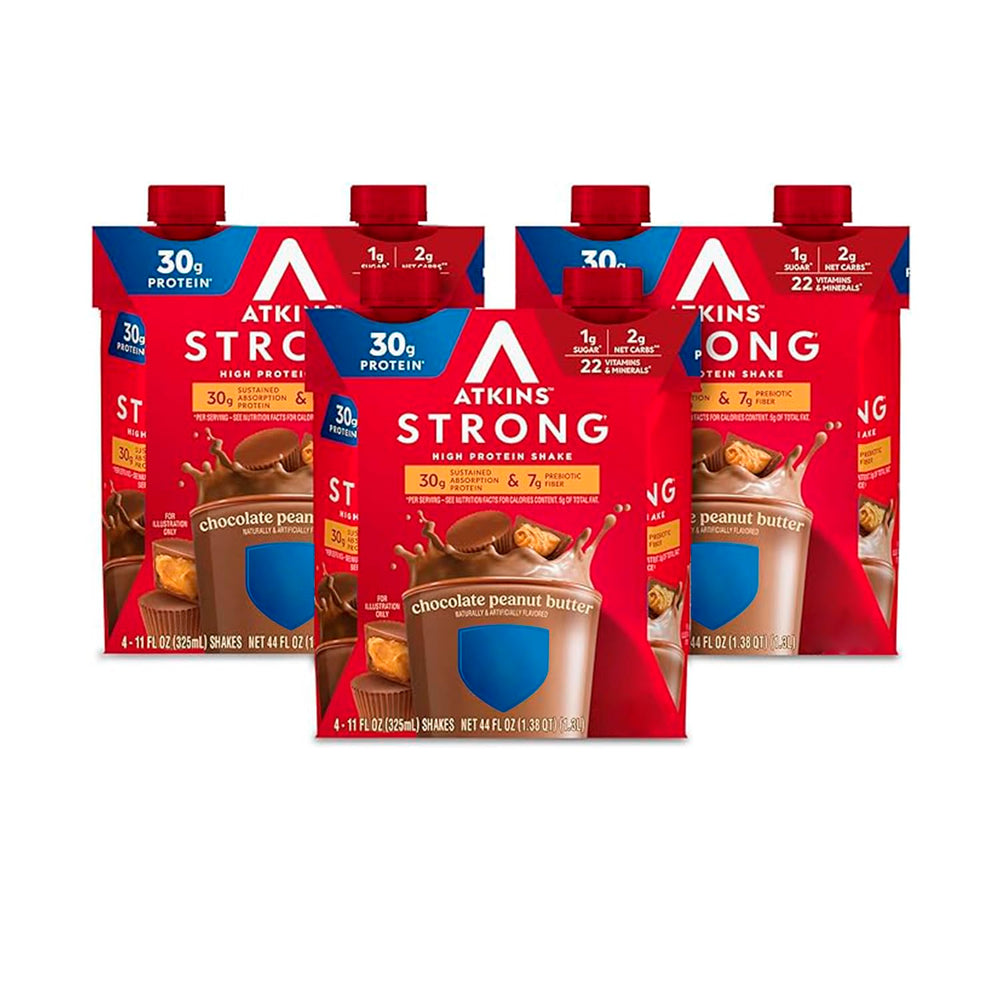 Atkins Strong chocolate peanut butter bottle pour—protein boost for mornings.