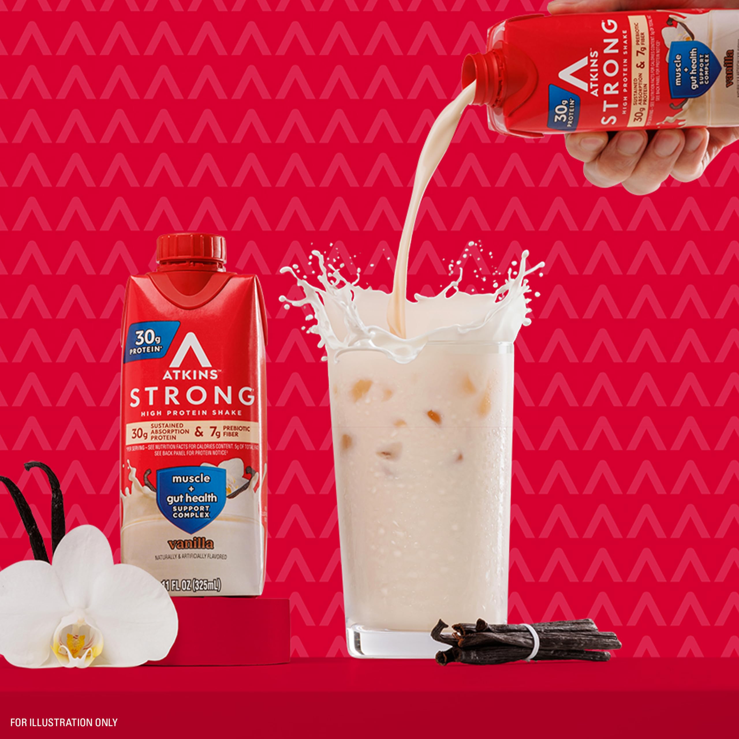 Atkins Strong nutrition facts panel shows 30g protein and 1g sugar per serving.