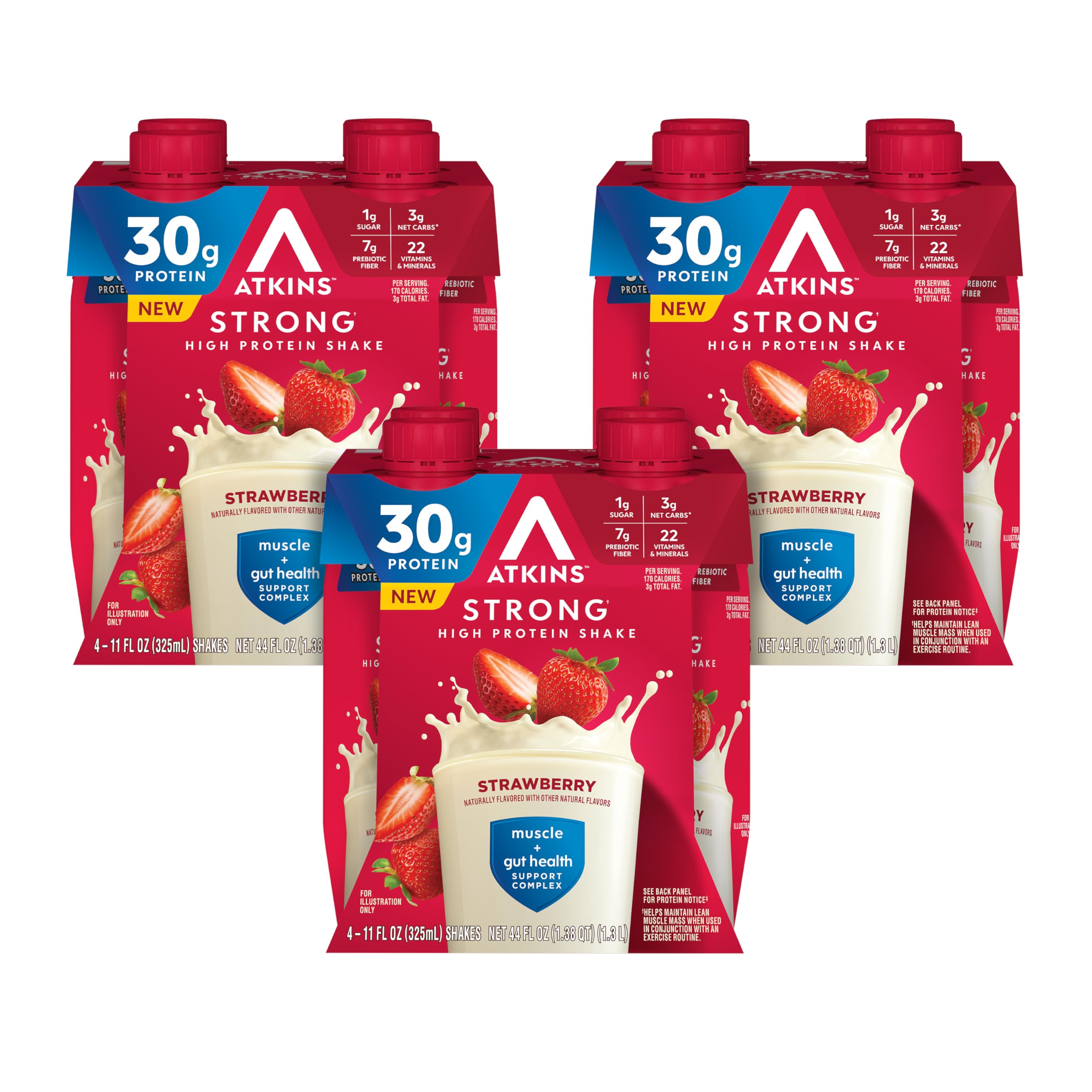 Atkins Strong Strawberry bottle front highlights 30g protein for post-workout fueling.